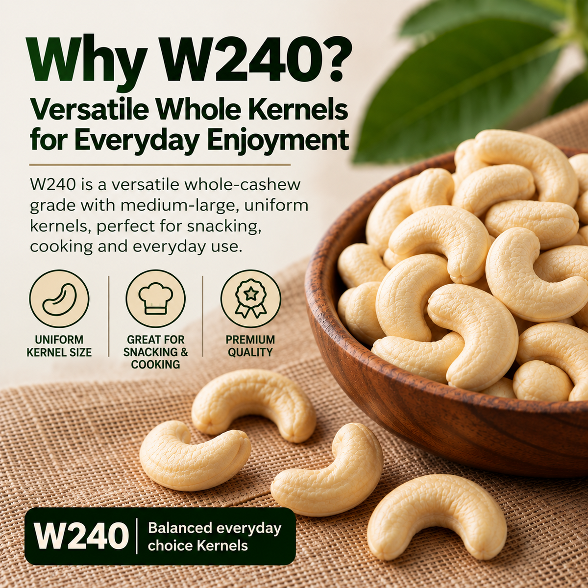 Why W240 – versatile whole cashew kernels for everyday enjoyment