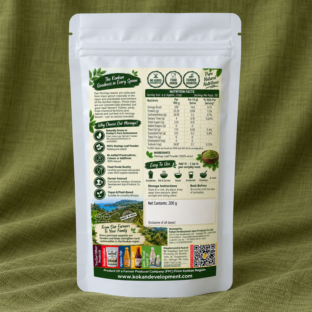 Moringa Leaf Powder 200 g – Product Back Label